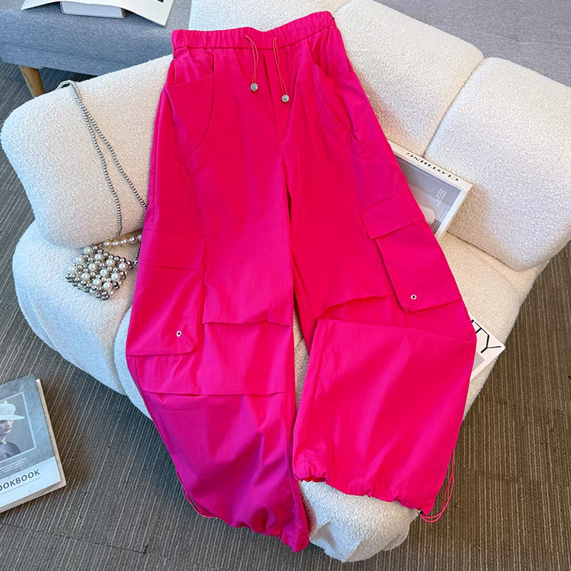 玫红色抽绳工装裤速干裤女2025新款美式慵懒松弛感裤子薄款防晒裤