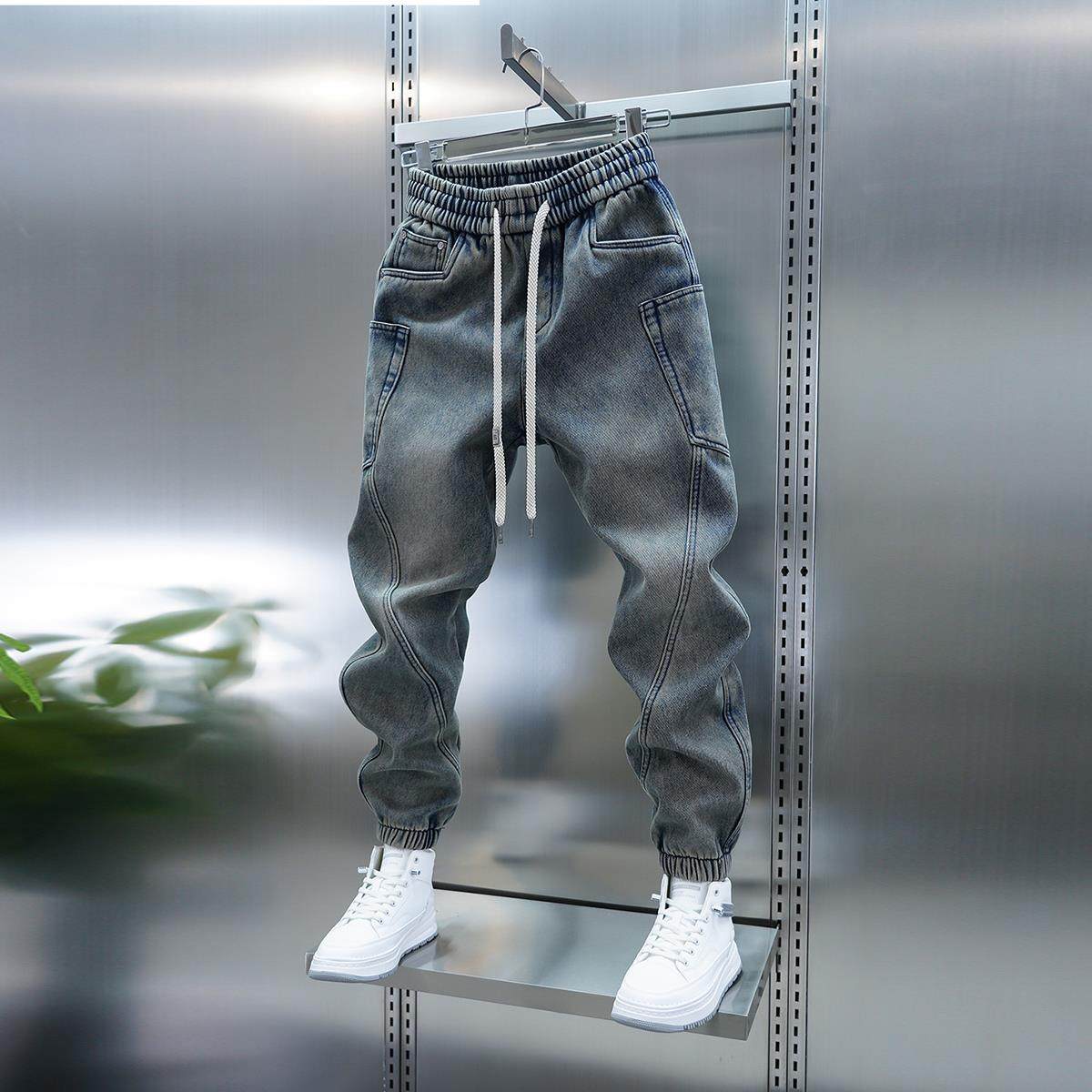 潮牌韩版束脚百搭牛仔裤男冬季加绒松紧腰复古长裤百搭小脚休闲裤