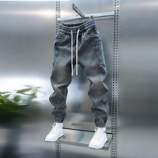 潮牌韩版束脚百搭牛仔裤男冬季加绒松紧腰复古长裤百搭小脚休闲裤