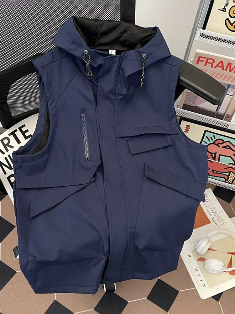 韩版潮流户外无袖马甲男2025秋季机能多口袋工装背心宽松连帽外套