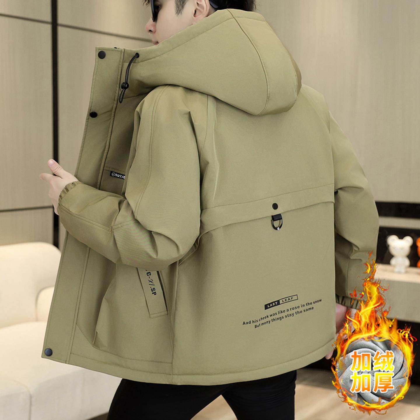 2025年冬季休闲百搭加绒加厚夹克男宽松连帽保暖棉服短款风衣外套