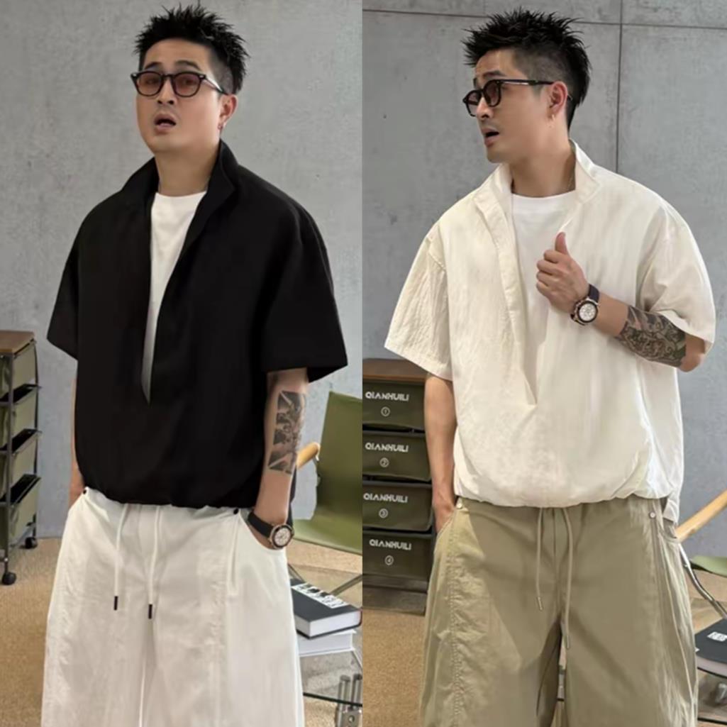 潮牌夏季新款假两件短袖衬衫男士宽松百搭立领老钱风时尚T恤上衣
