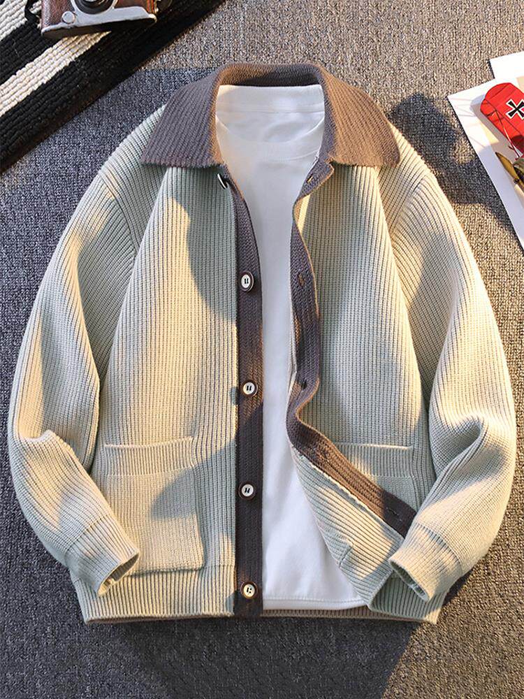 春秋新款高级感百搭休闲针织夹克男士翻领毛衣外套时尚宽松毛线衣