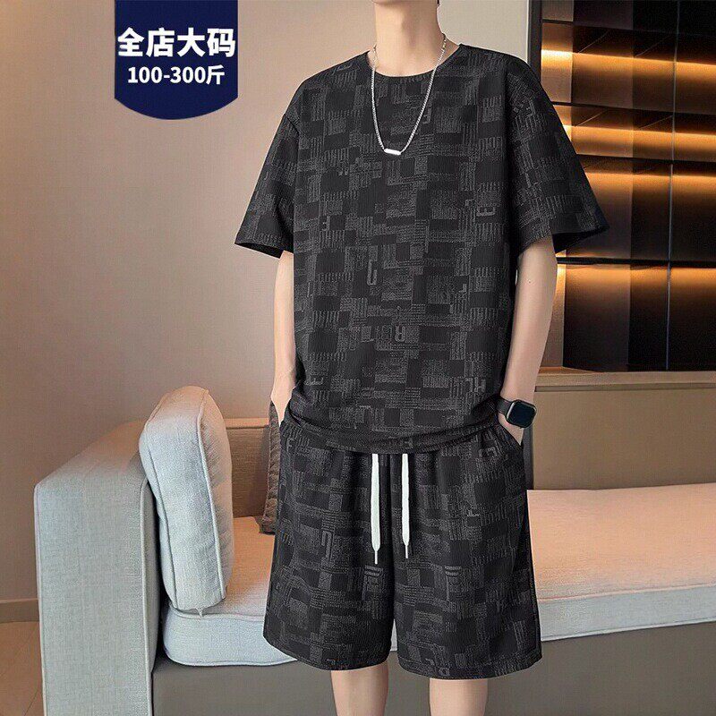 潮流时尚休闲运动套装男士搭配一套宽松加肥加大码短袖短裤两件套