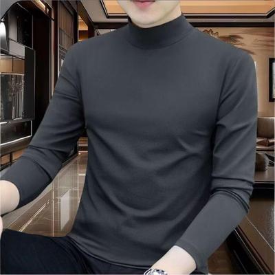 潮牌轻奢修身长袖打底衫男士冬季新款双面德绒内搭半高领保暖上衣
