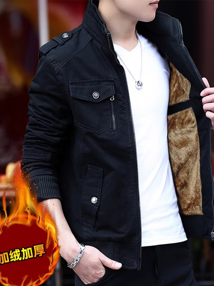 潮牌加绒加厚修身立领夹克男士冬季新款韩版潮流保暖工装上衣外套