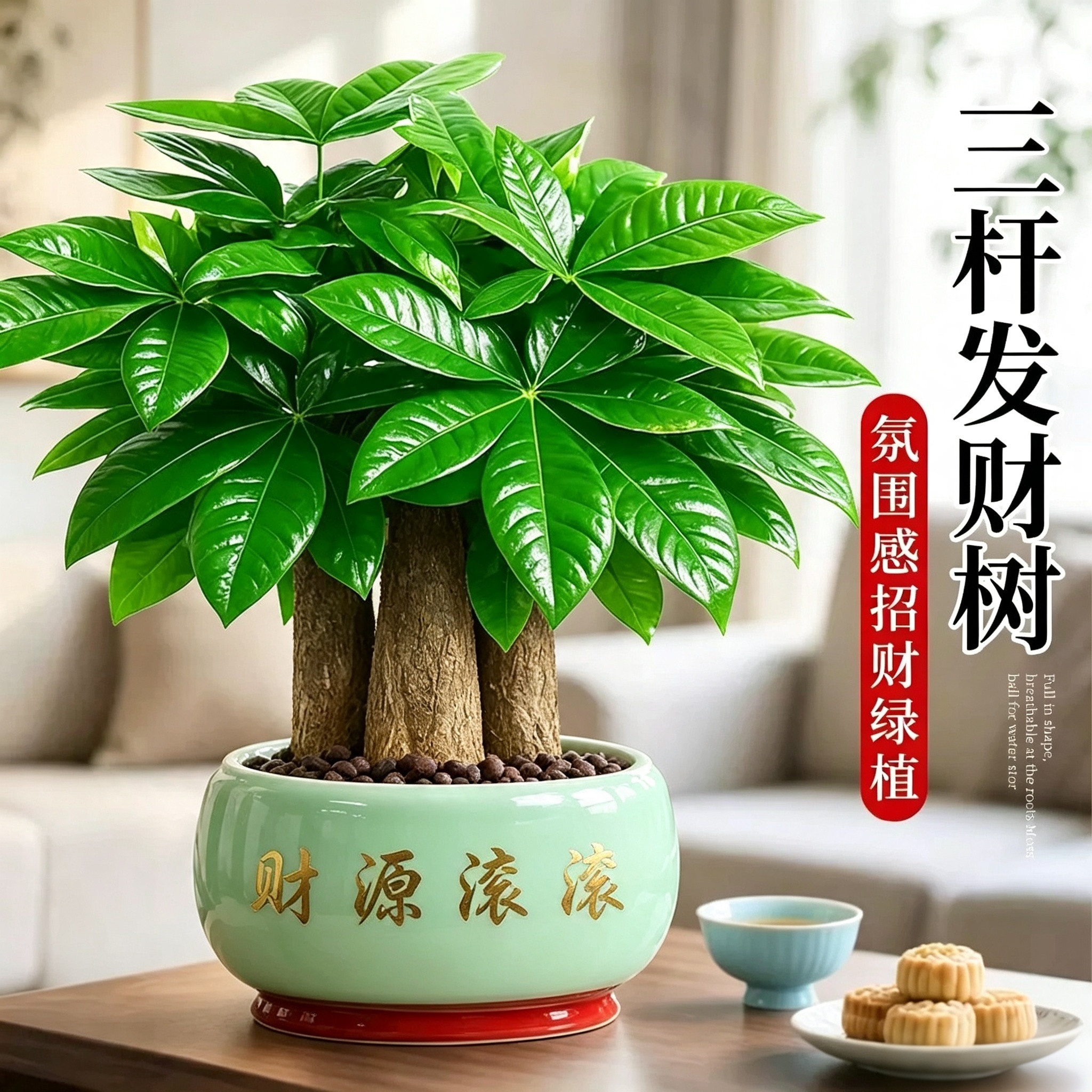 发财树盆栽招财旺宅桌面盆景办公室绿植室内客厅中式禅意四季植物