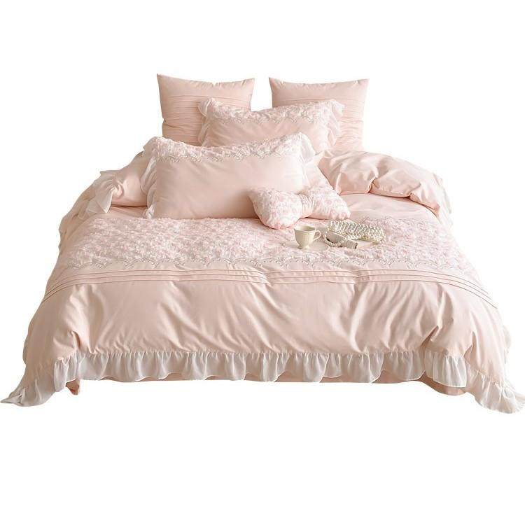 家纺秋季全棉毛四曼布缇件套冬女心磨花卉刺绣加厚被套床少上用品