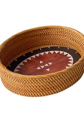 印花椭圆水篮手工藤编织面包客篮啡馒头NJA筐厅家咖用桌面果托盘