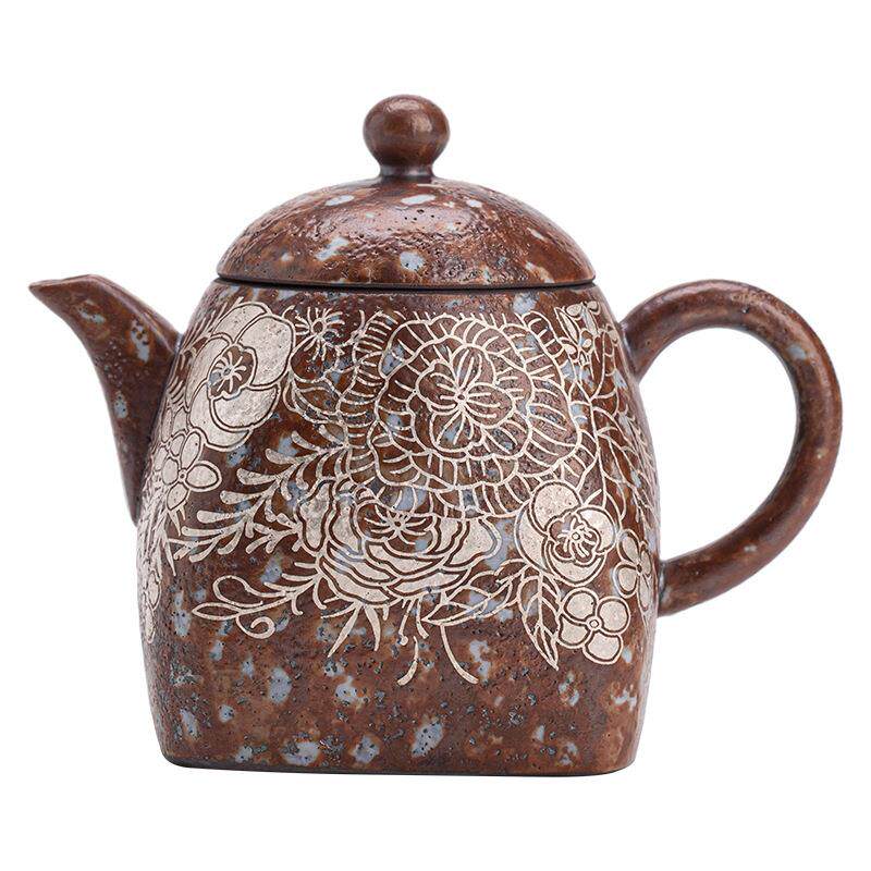 老岩泥繁花鎏银正把壶大容量粗陶功夫茶具泡茶壶单壶家用泡茶器