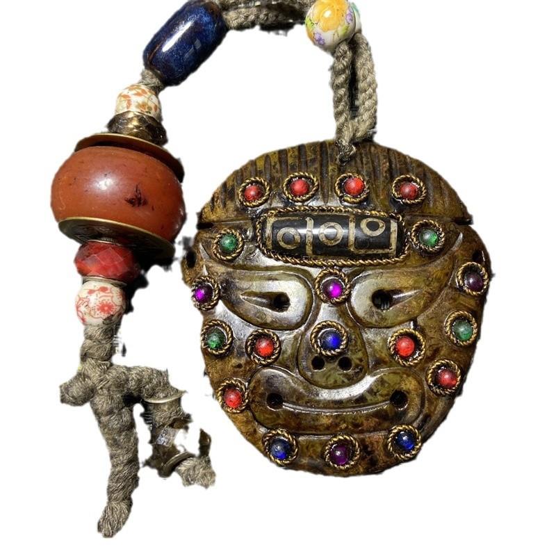 古玩复古岫玉双龙玉璧镶嵌宝石九眼天珠五帝铜钱兽面玉璧包浆把件