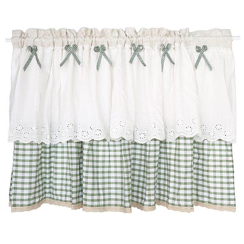 日式小清新绿格白棉绣花幔棉麻门帘免打孔遮光厨房窗帘小窗幔头