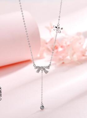 S925纯银蝴蝶结流苏项链女轻奢小众设计高级感吊坠网红气质锁骨链