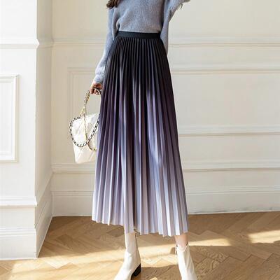 渐变色百褶裙半身裙女高级感垂感中长款吊染a字中长裙子女夏