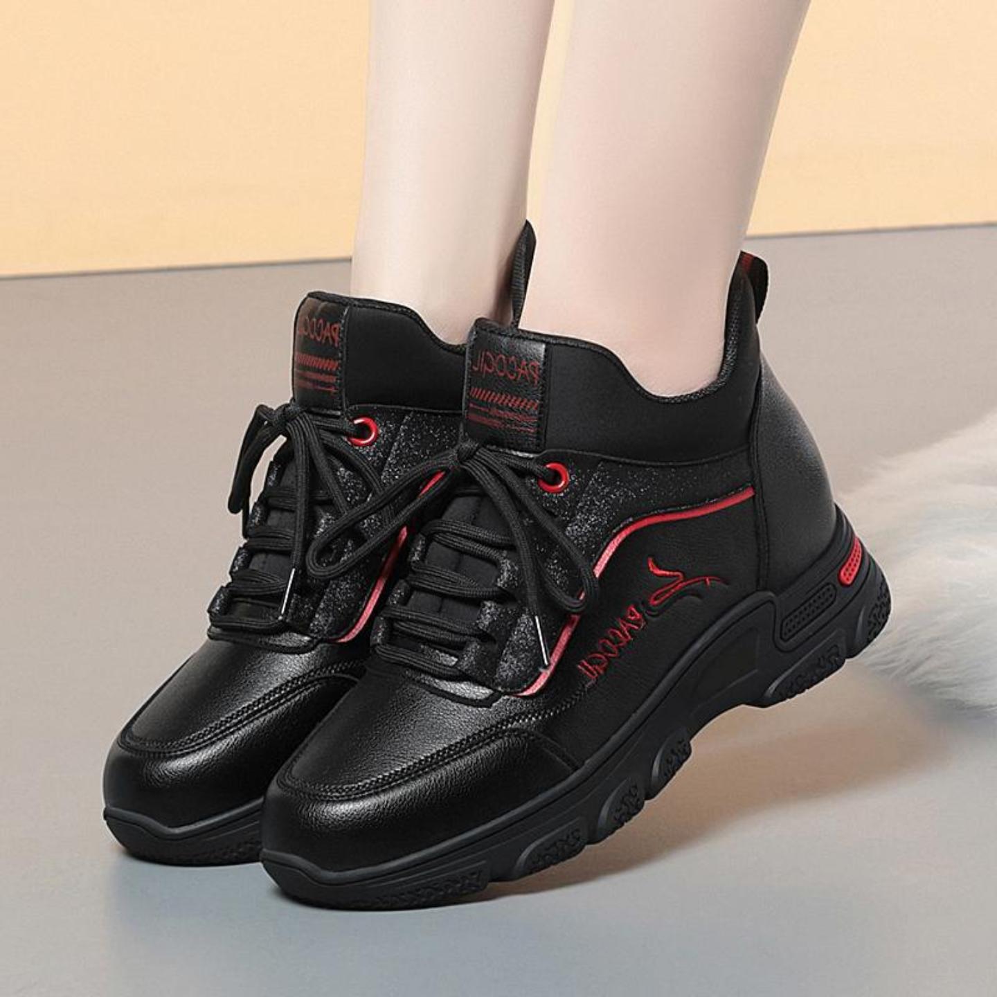 女休闲软底防滑健步中老年棉鞋耐磨健步鞋女士皮鞋加绒保暖运动鞋