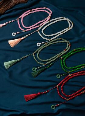 古风长款串珠如意环项链新中式绿色流苏108颗珠可斜挎毛衣链配饰