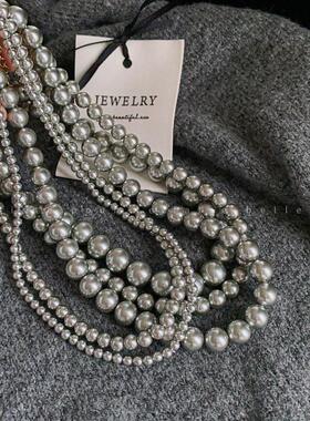 法式复古灰色珍珠项链小众简约设计感锁骨链气质轻奢高级感项饰女