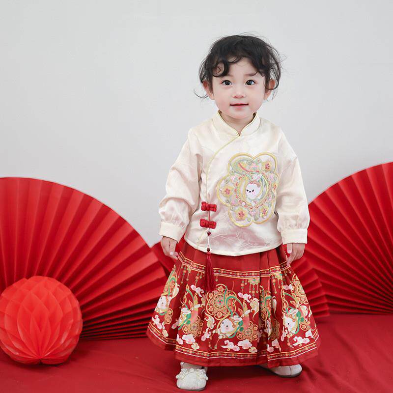儿童汉服春秋女童国风马面裙套装女孩汉服连衣裙周岁礼服中童套装