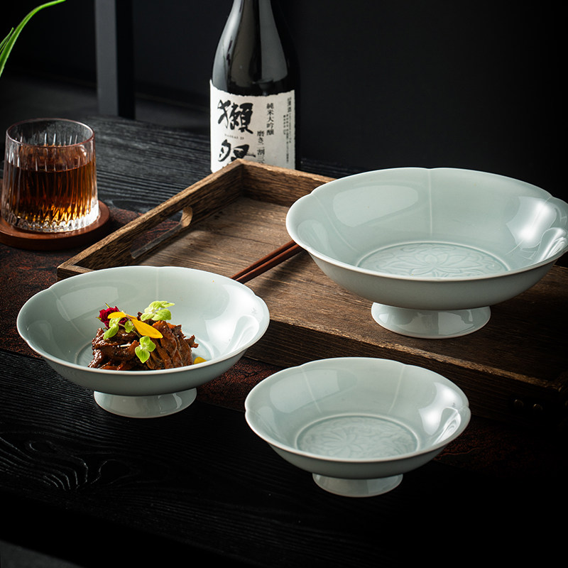 景德镇仿宋天青荷花高脚碗家用葵口高脚果盘商用特色宋宴陶瓷餐具