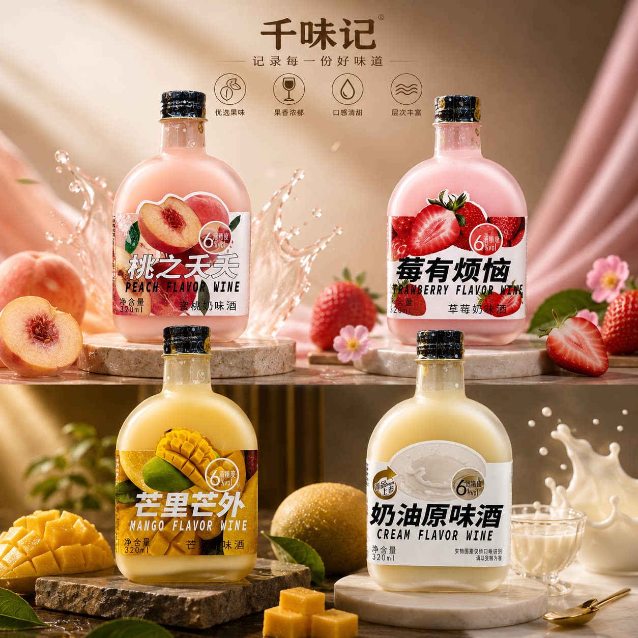 【6&deg;】女权王杖果酒320ml6度蜜桃奶草莓奶油原味芒果味