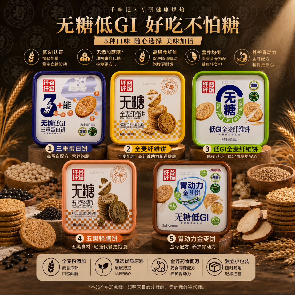 纤谷纤焙无糖GI全麦早餐纤维无糖饼干代餐饱腹休闲零食粗粮