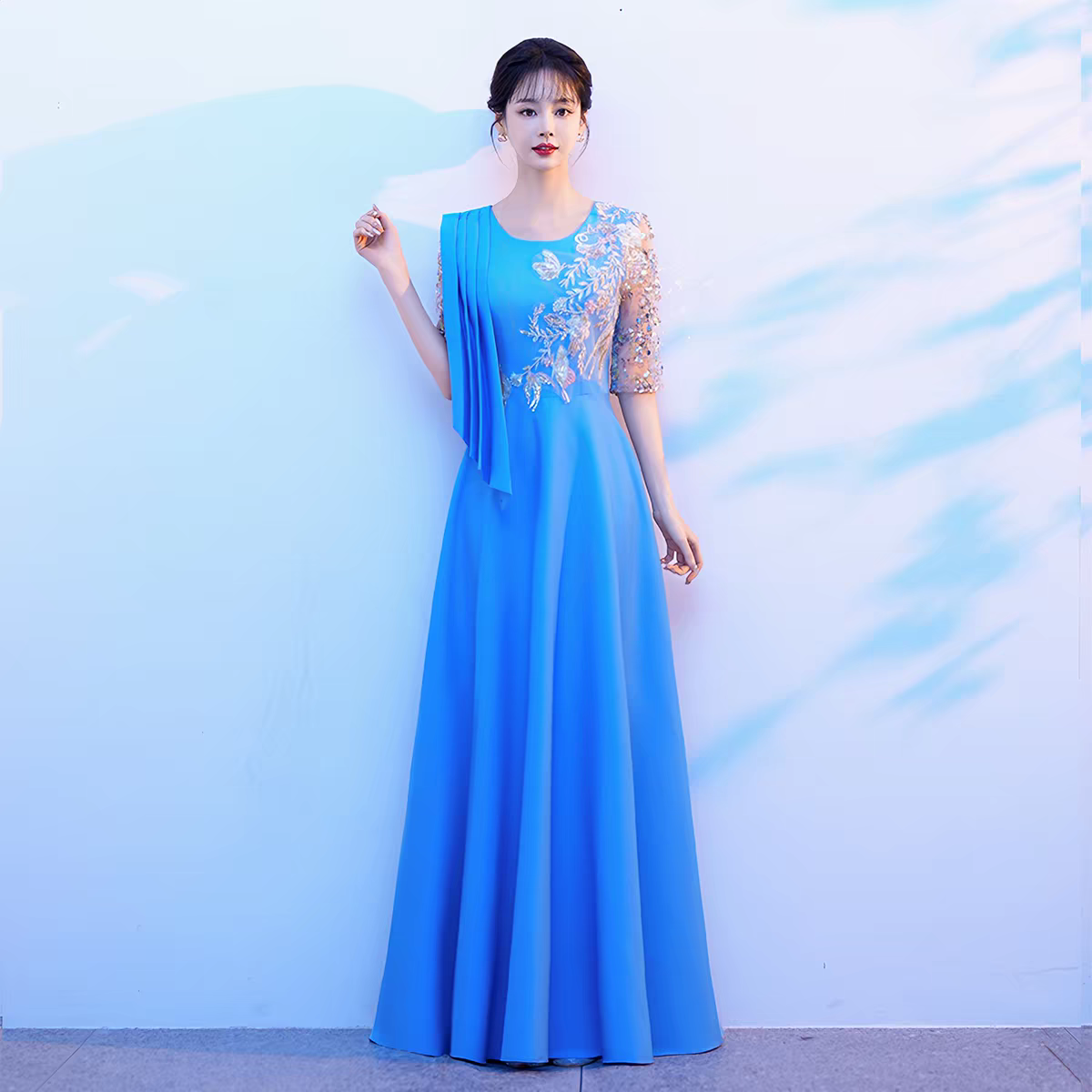 新款大合唱团演出服女长裙修身气质主持人指挥唱歌朗诵表演晚礼服