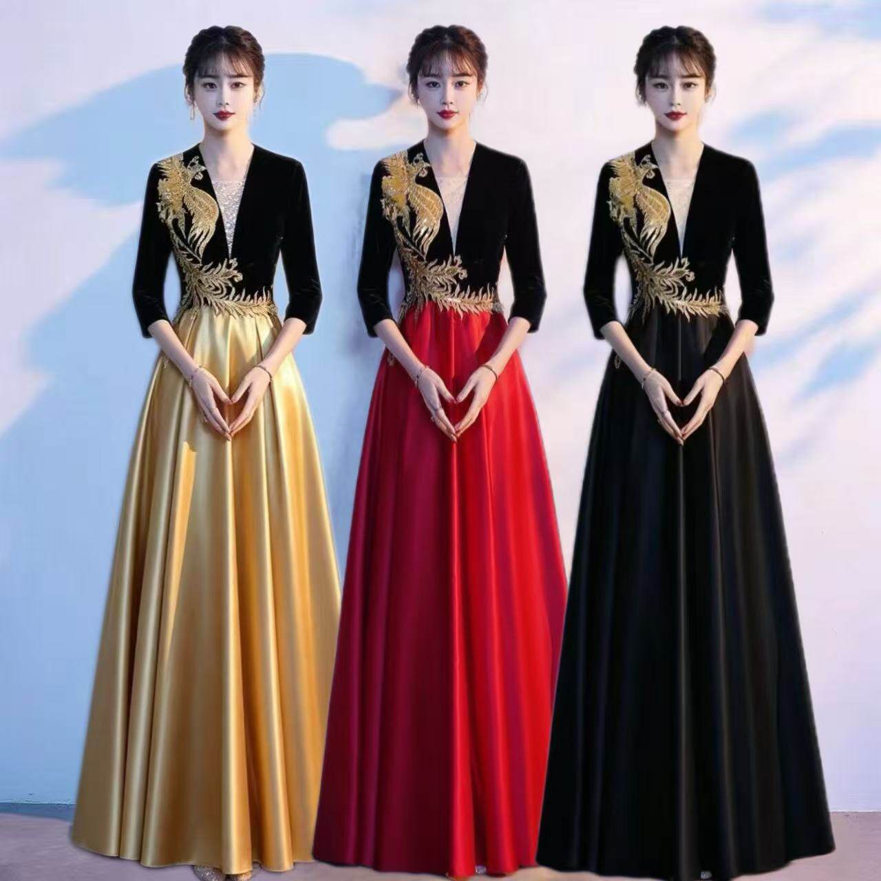 大合唱团演出服女长裙合唱队指挥金丝绒晚礼服大气红歌诗朗诵服装