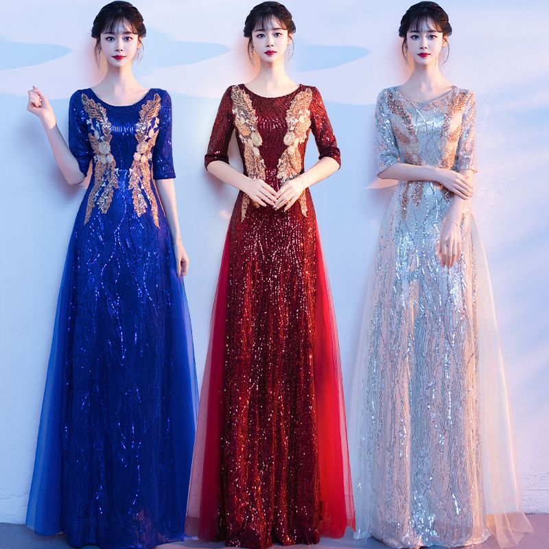 大合唱团演出服女成人诗歌朗诵长裙红歌比赛宴会主持人气质晚礼服