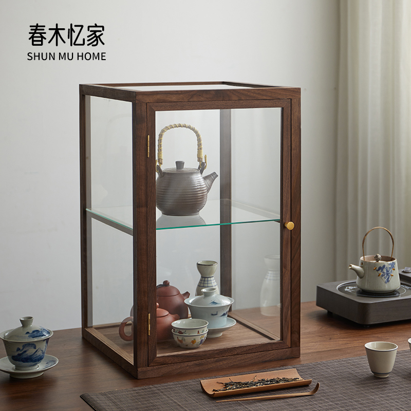 黑胡桃木透明玻璃茶具展示柜小防尘茶壶文玩古董实木制收纳陈列柜