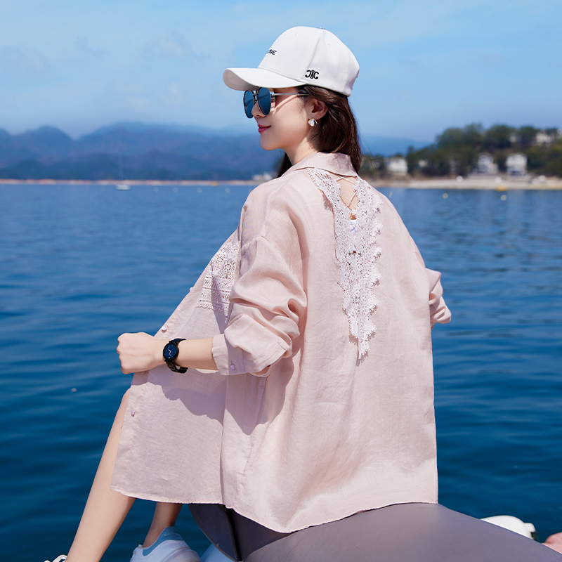 粉色翻领棉麻防晒衬衫女薄款轻奢高级感2025夏季新款亚麻衬衣外套