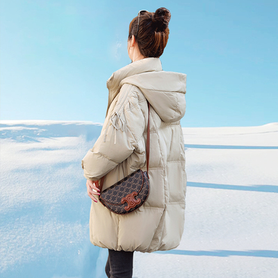 韩版白鸭绒中款连帽宽松羽绒服女