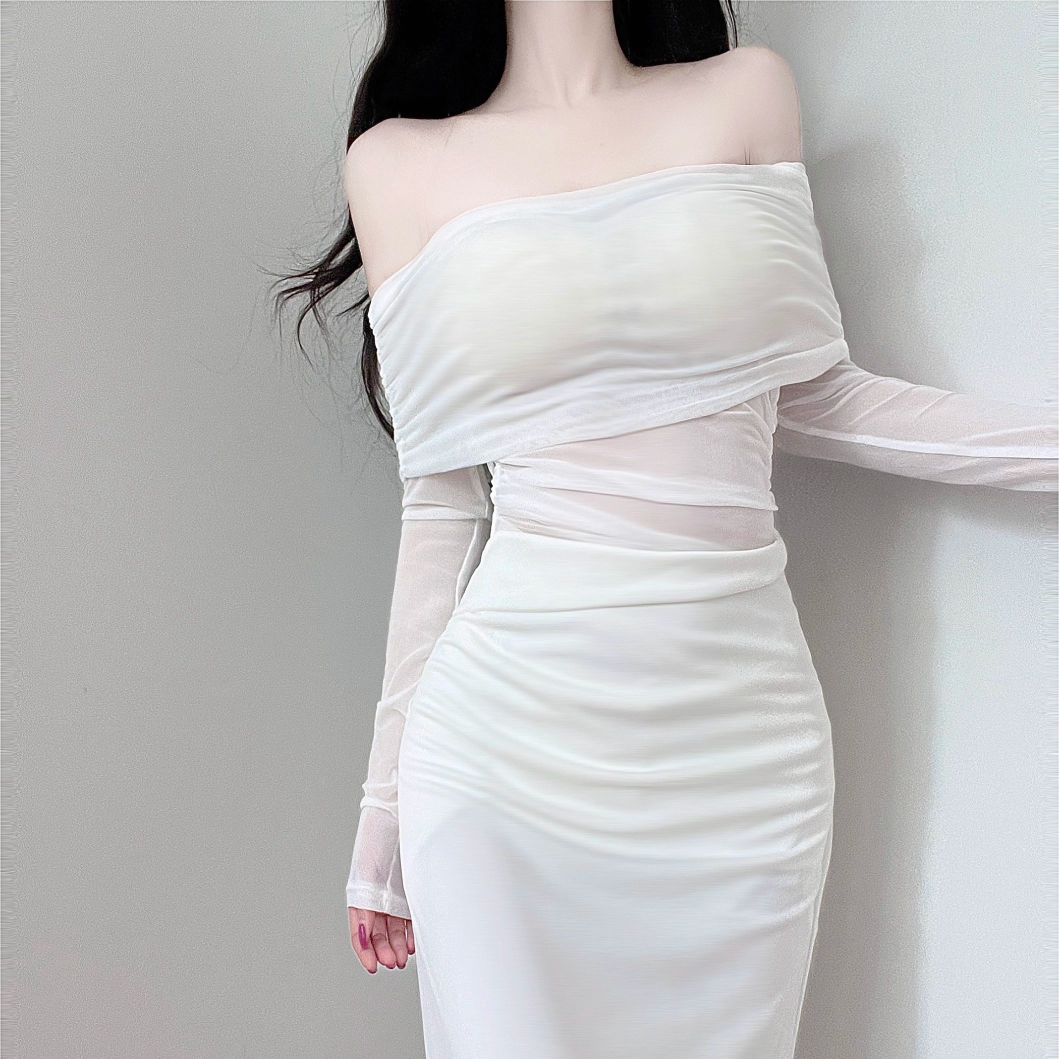 法式白色一字肩网纱连衣裙女夏秋季海边气质修身包臀长裙性感纯欲,女装/女士精品,连衣裙,淘宝优惠券,粉丝福利购,淘宝优惠卷