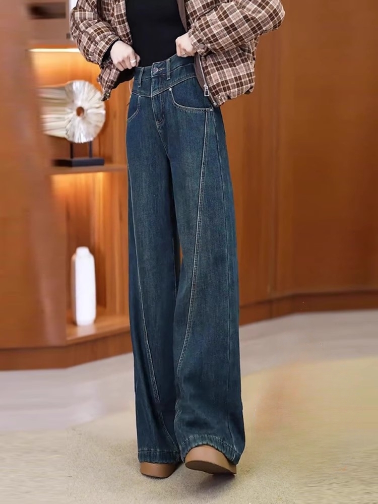 牛仔阔腿裤女2025秋季新款小个子显高拖地长裤加绒加厚窄版直筒裤