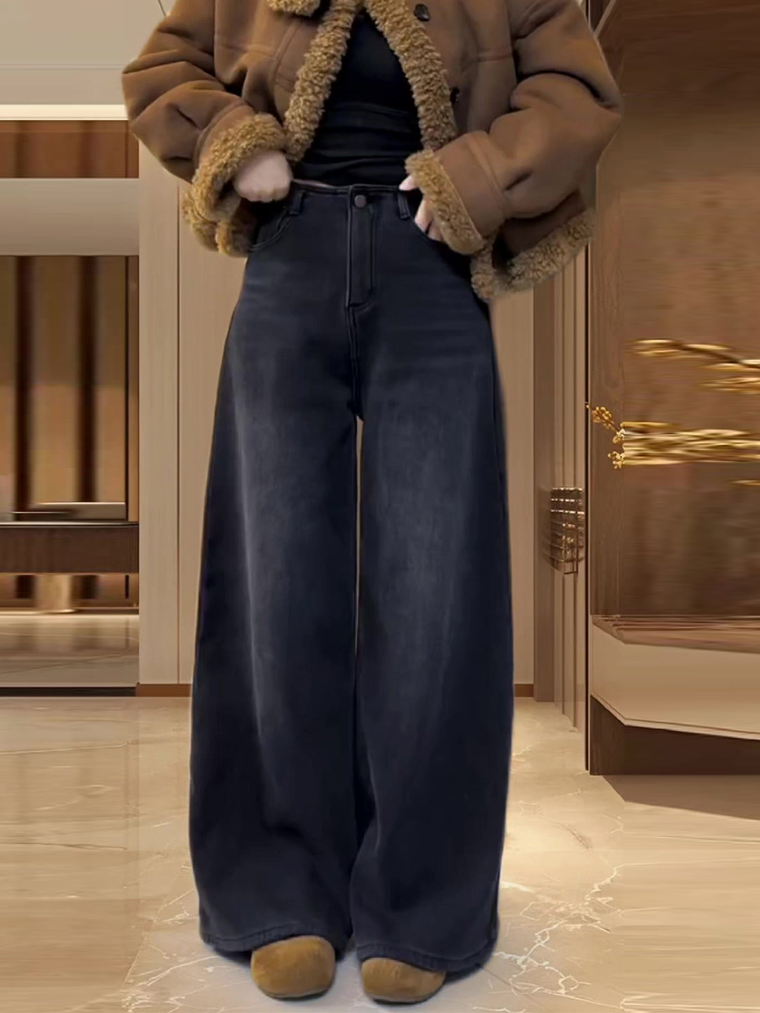 黑灰色加绒牛仔裤子女2025年秋冬新款宽松显瘦遮胯百搭拖地阔腿裤