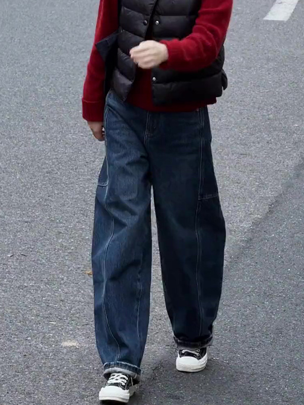 覆古弯刀阔腿牛仔裤女秋冬2025新款大码胖mm显瘦宽松加绒直筒长裤