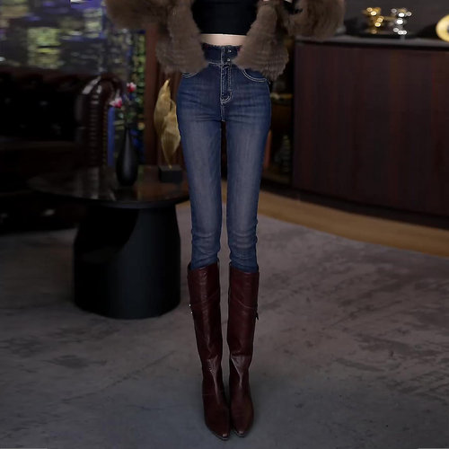 时尚高腰牛仔裤女2025冬季新款加绒加厚修身显瘦保暖铅笔小脚裤子