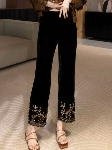 黑色金丝绒休闲直筒裤女2025秋季新款高腰显瘦设计感烫钻九分裤子