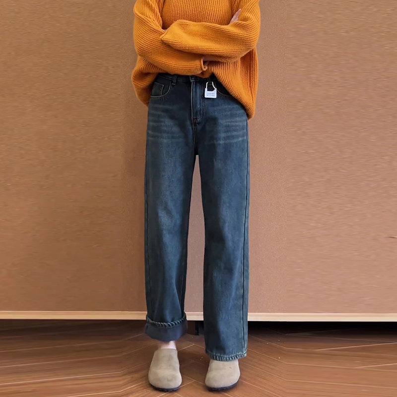 蓝色加绒加厚牛仔裤女冬季2025新款小个子高腰显瘦宽松百搭直筒裤,女装/女士精品,大码裤装,淘宝优惠券,粉丝福利购,淘宝优惠卷