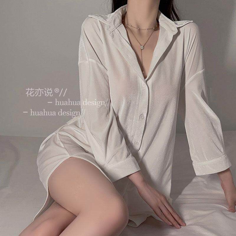 【蜜桃大人】男友风衬衫丝绒长袖睡裙