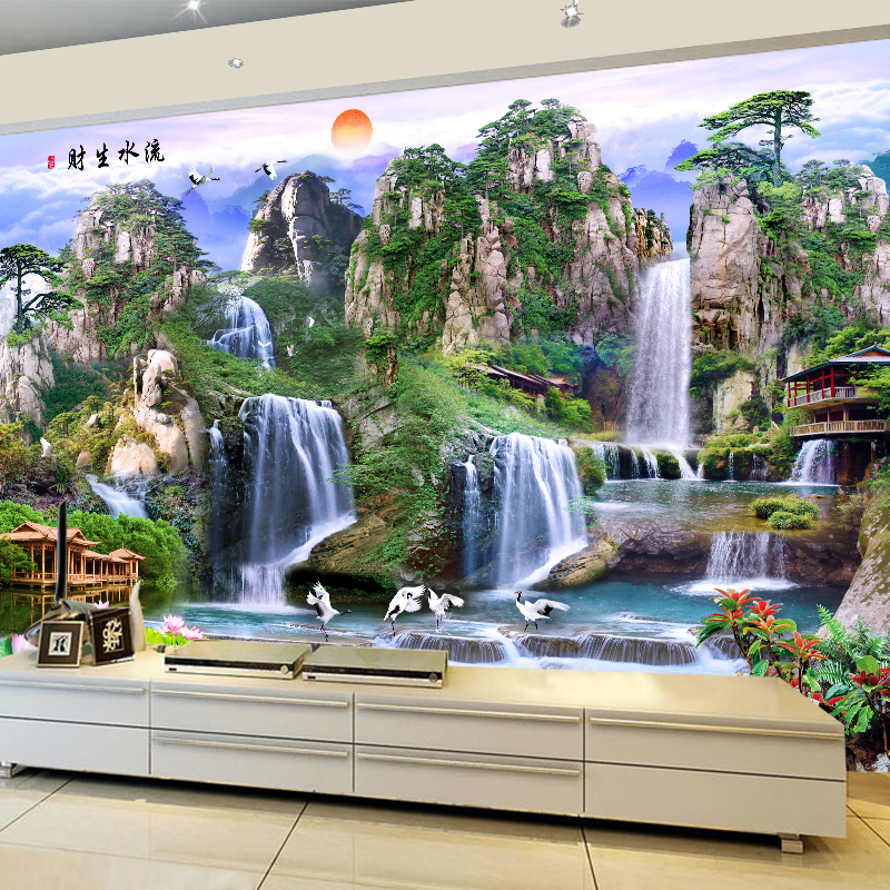 2021年新款山水背景墙贴画自粘迎客松流水生财风景