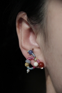 肉肉酱原创｜可爱粉蓝手工制作天然玛瑙翡翠珍珠扭扭蝴蝶结耳钉