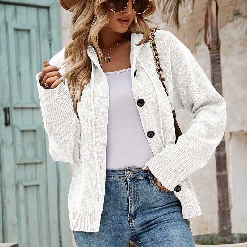 Womens Hooded Knitted Long Sleeve Single Breasted Cardigan-封面