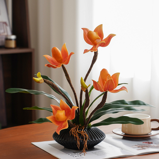 仿真花兜兰盆栽家居桌面装饰兰花客厅高品质插花高级感样板间道具