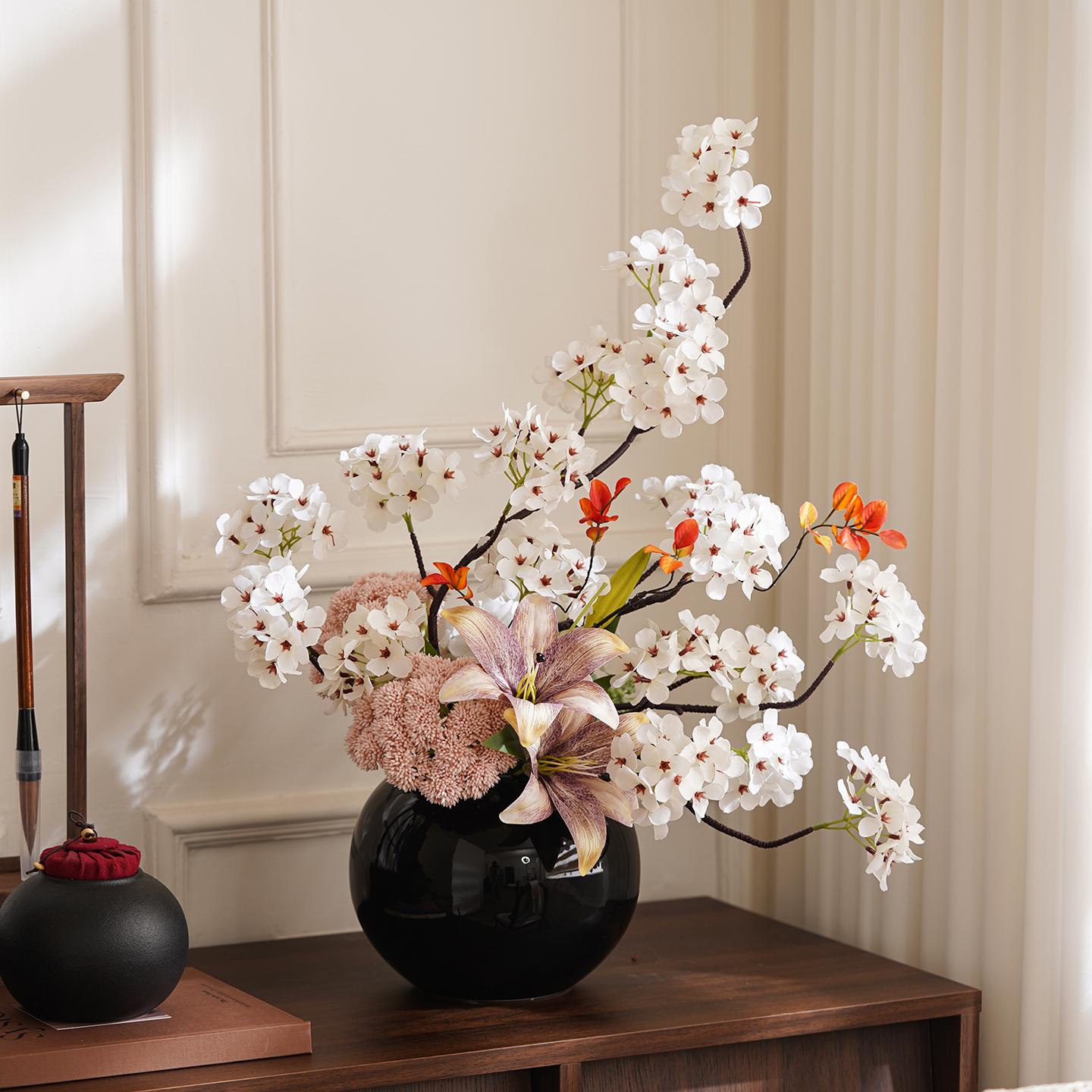 高级感仿真花摆设手感百合绢花牡丹花束现代轻奢客厅假花原创花艺