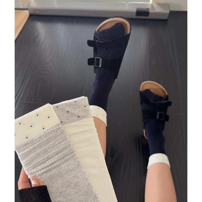 韩系拼接波点中筒袜竖条透气棉袜慵懒风可堆堆搭配博肯拖鞋女袜