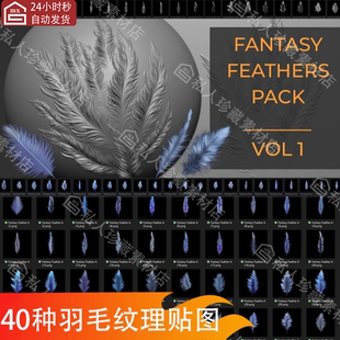 40种4K蓝羽毛纹理贴图 PBR羽毛材质alpha黑白贴图反法线贴图素材