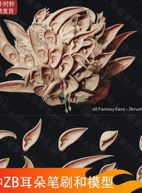 40款Zbrush人体魔兽精灵耳朵IMM笔刷zb笔刷卡通手办耳朵3d模型obj