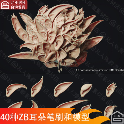 40款Zbrush人体魔兽精灵耳朵IMM笔刷zb笔刷卡通手办耳朵3d模型obj