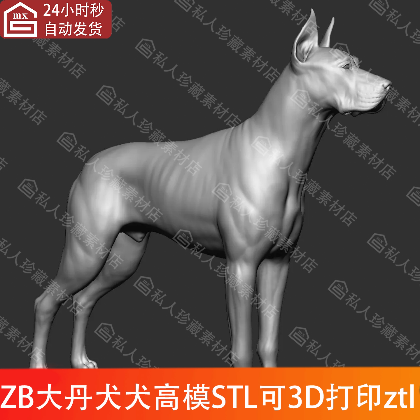 ZBrush动物大型公狗大丹犬高模3d模型ZTL细分图纸stl可3D打印素材