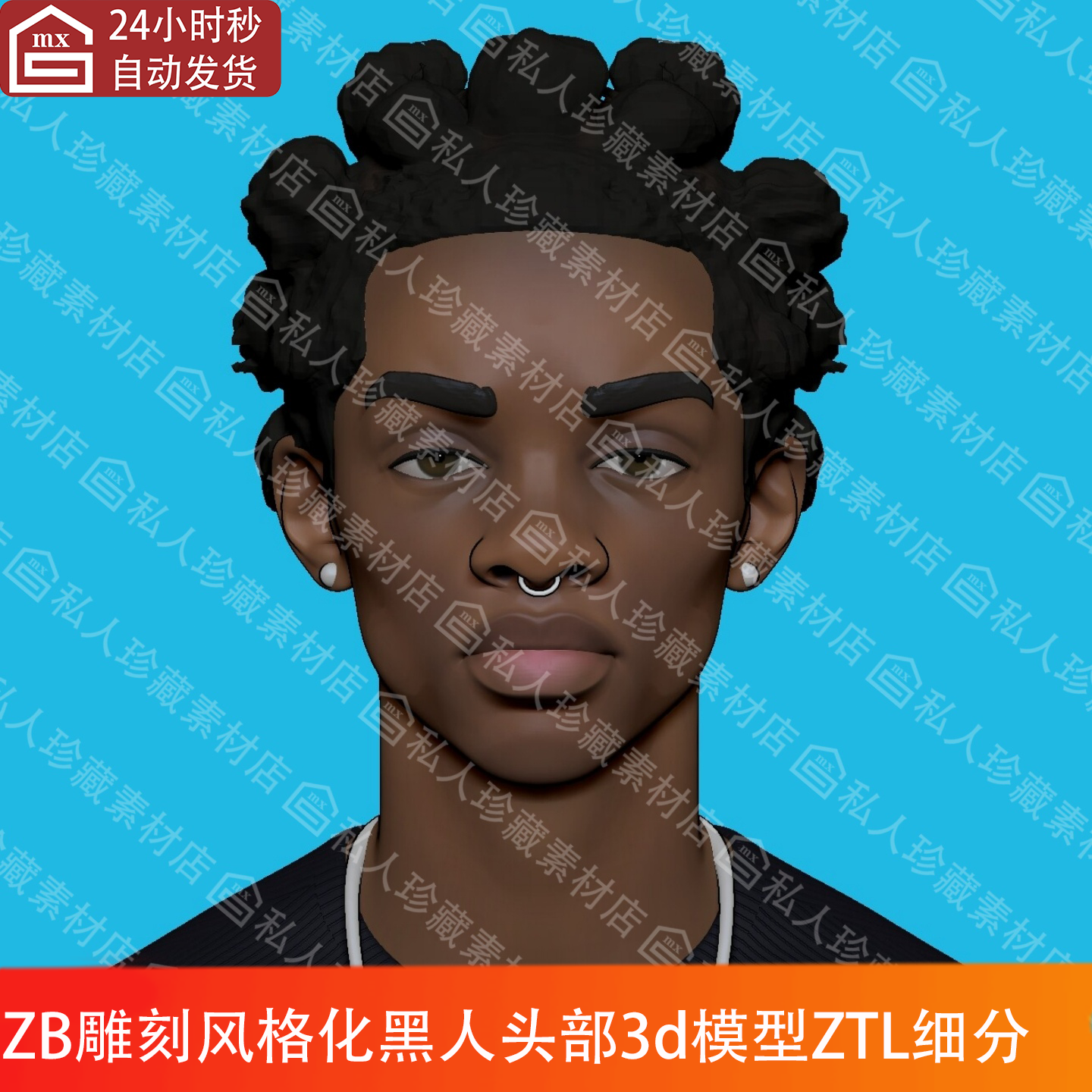zbrush风格化非洲黑人男性人物头部头像顶点绘制头3d模型ztl细分
